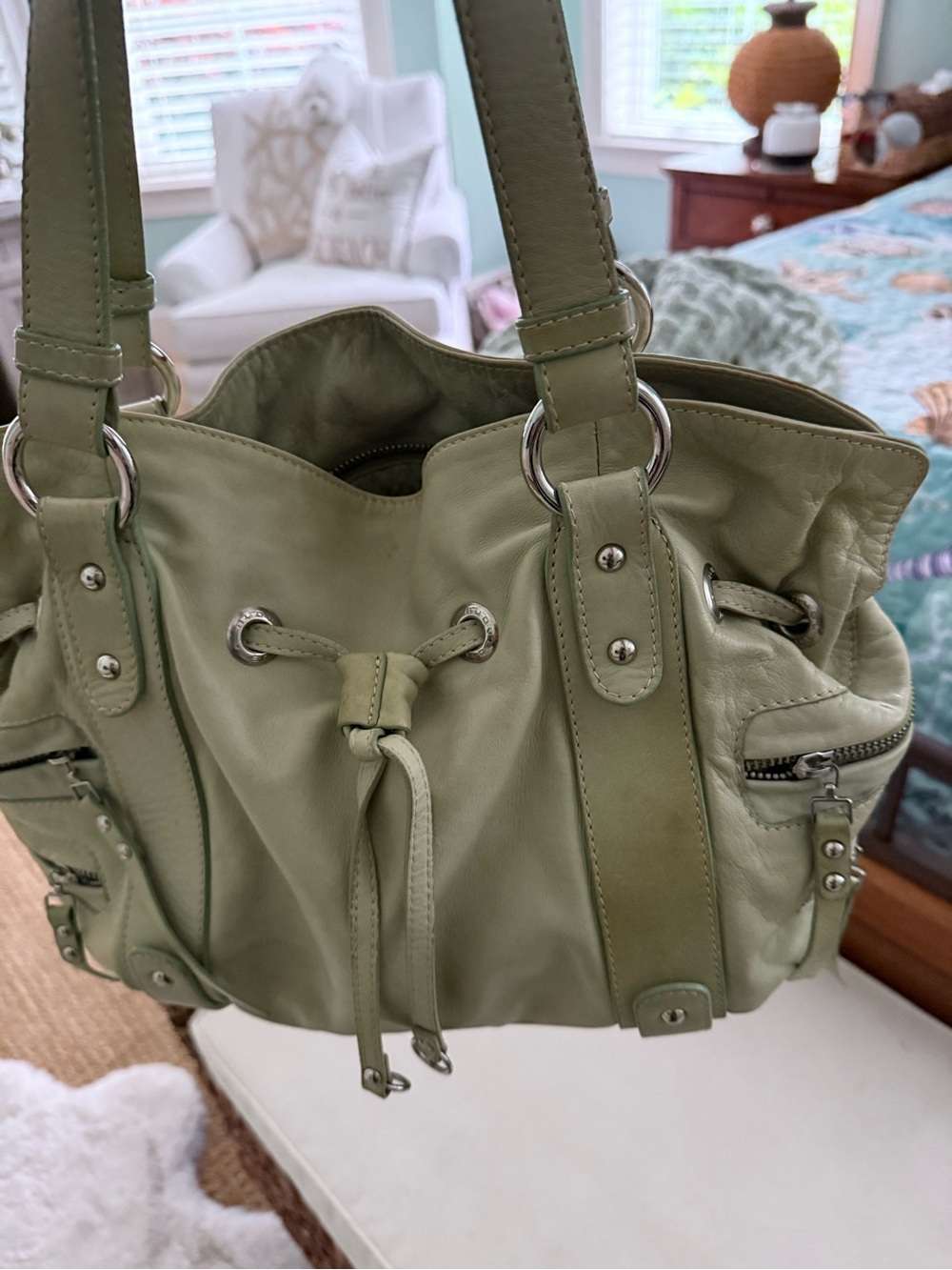 Olive Green Drawstring Leather Shoulder Bag